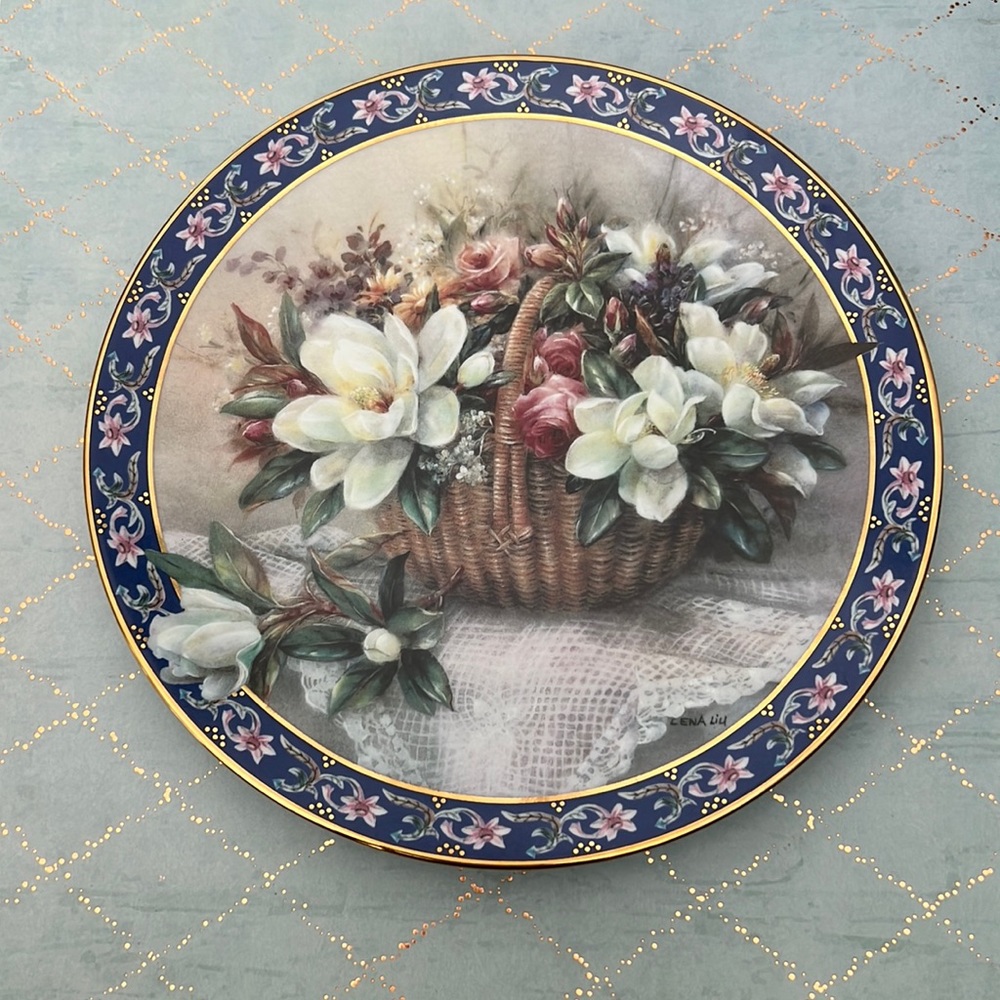 Collectors Plate, WS George, Lena Liu, "Basket Bouquets" , "Magnolias 9th 1993